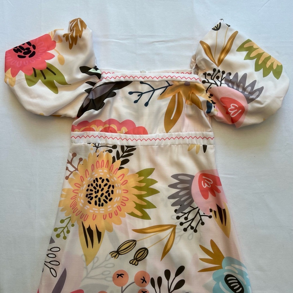 Floral Bohemian Square Neck‎ Puff Sleeve Tiered Ruffled Hem Maxi Dress Size M - Picture 9 of 16